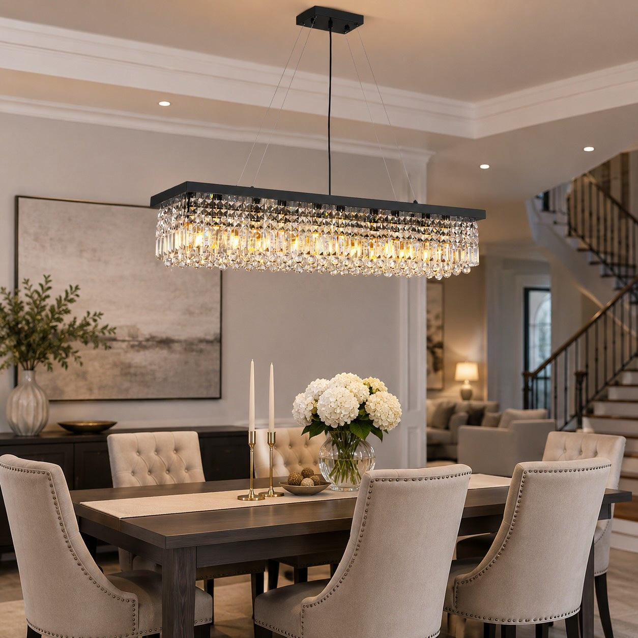 Modern Black Chandelier with Adjustable Height K9 Crystal and Metal Frame for Dining Room | ribuella