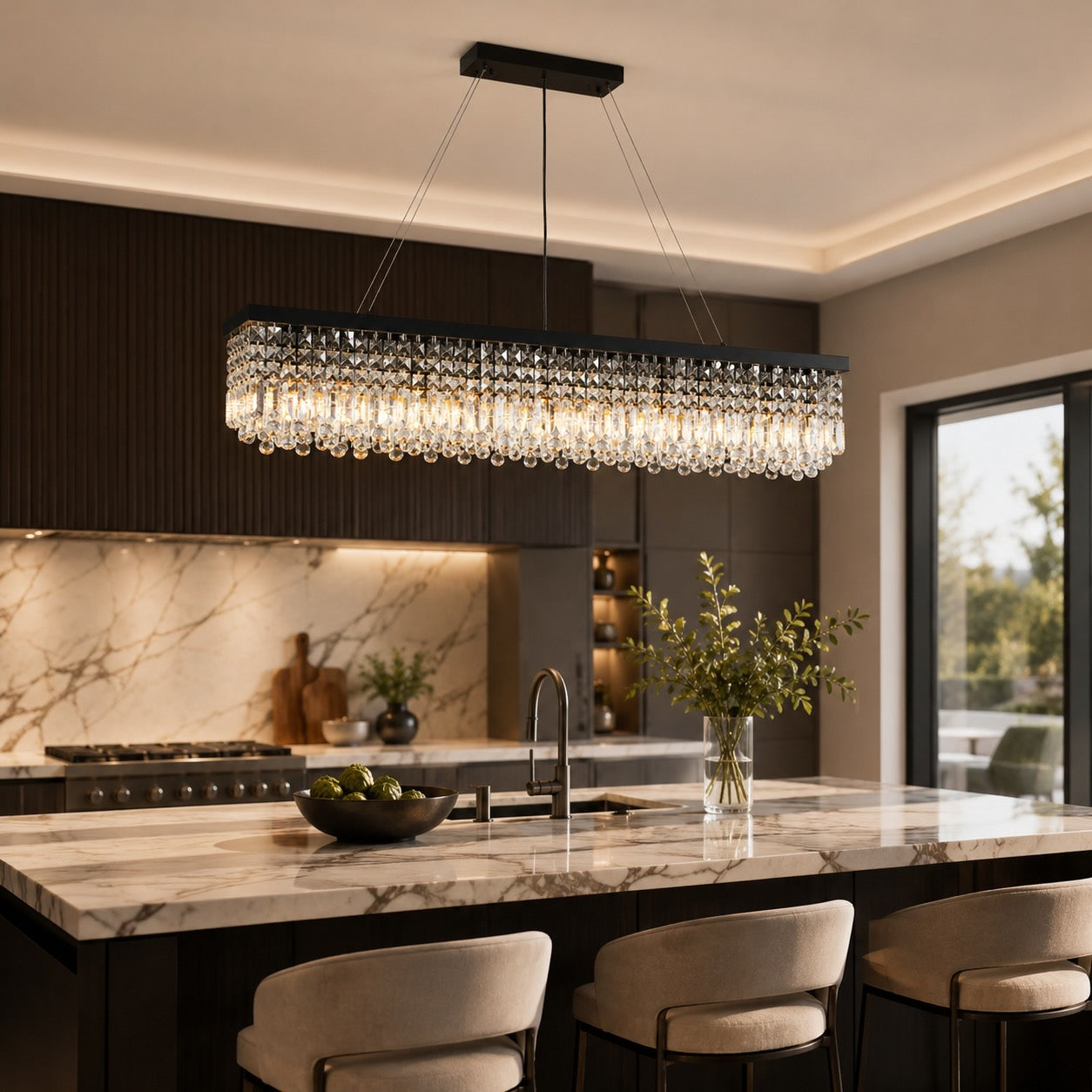 Modern Black Chandelier with Adjustable Height K9 Crystal and Metal Frame for Dining Room | ribuella
