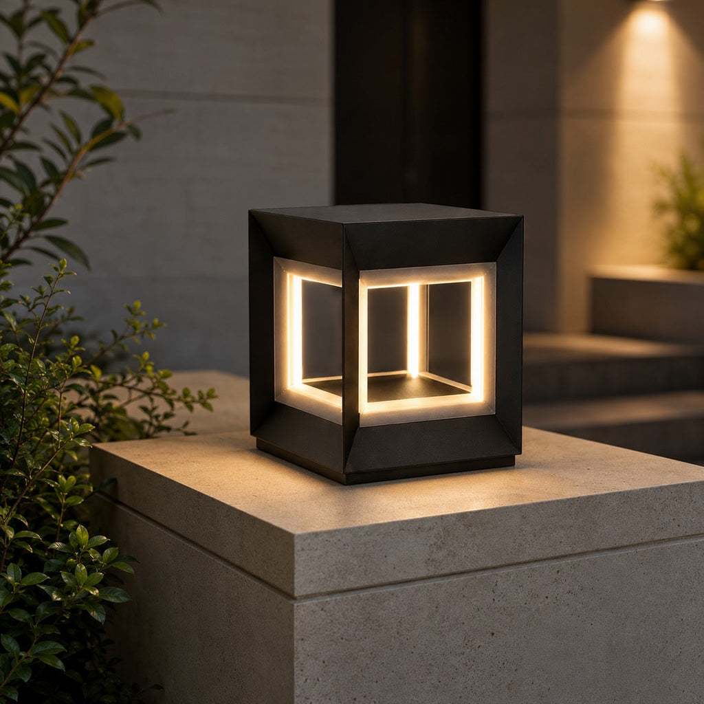 Modern Outdoor Post Light Rectangular Stainless Steel Waterproof LED Solar Hardwired | ribuella
