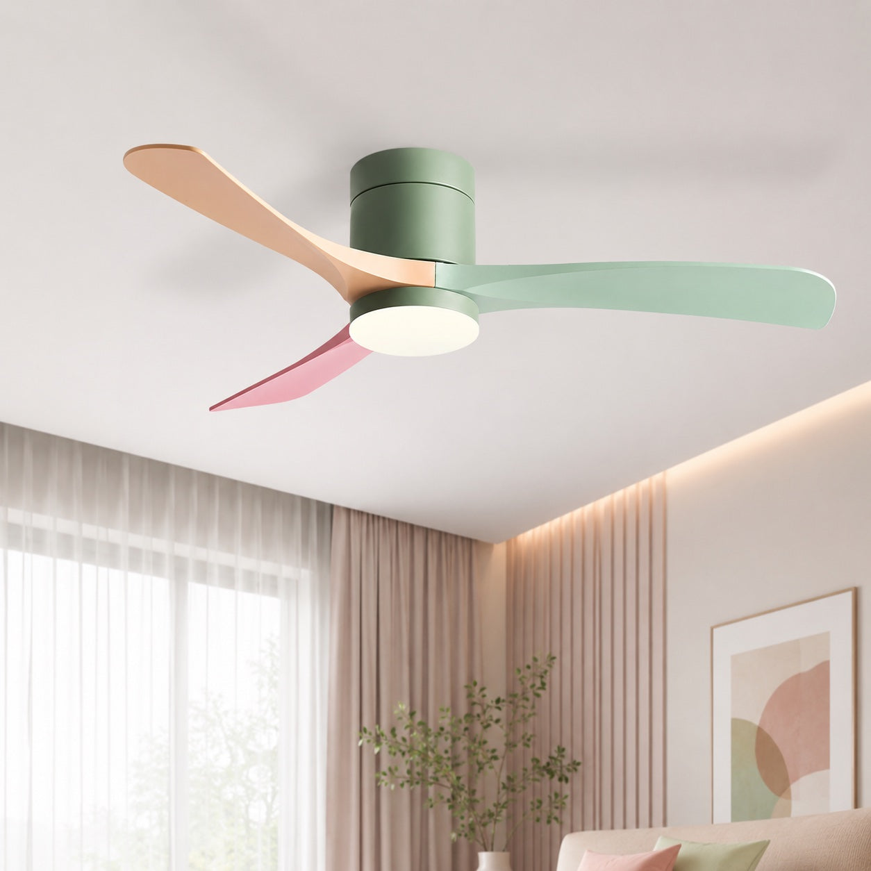 Flush Mount Ceiling Fan with Light, LED, 2400 Lumens, Remote Control & DC Motor | ribuella