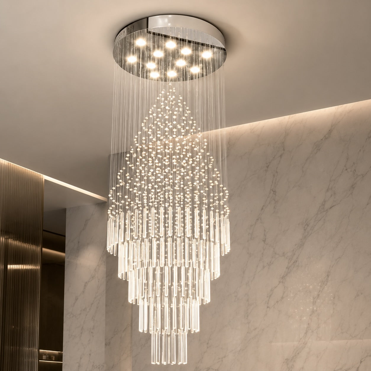 Modern Crystal Chandelier Adjustable Height K9 Glass Chrome Finish LED 18 Lights | ribuella