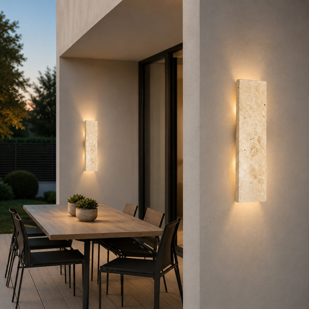 Nowoczesna lampa ścienna zewnętrzna, kinkiet montowany na ścianie, z naturalnego kamienia, ściemnialna, LED, IP65 | ribuella