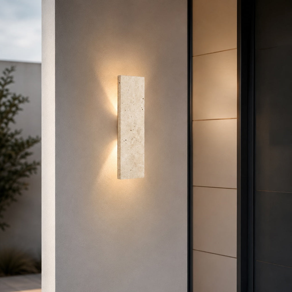 Nowoczesna lampa ścienna zewnętrzna, kinkiet montowany na ścianie, z naturalnego kamienia, ściemnialna, LED, IP65 | ribuella