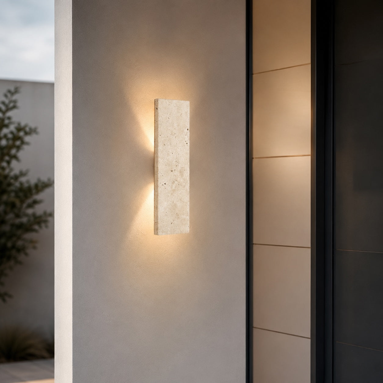 Nowoczesna lampa ścienna zewnętrzna, kinkiet montowany na ścianie, z naturalnego kamienia, ściemnialna, LED, IP65 | ribuella