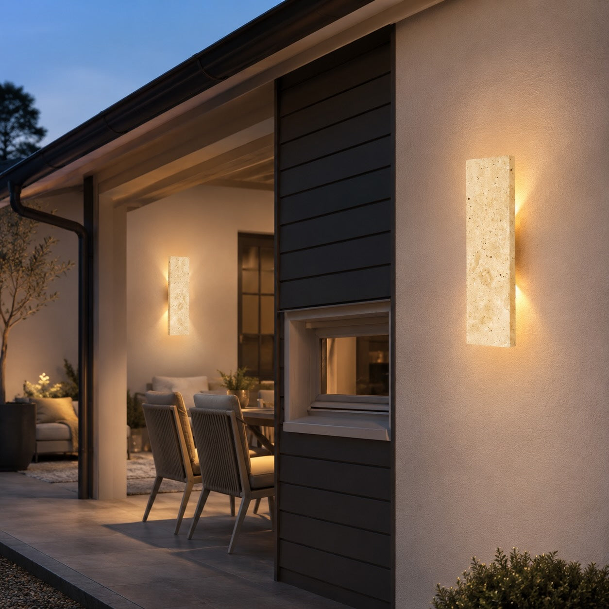 Nowoczesna lampa ścienna zewnętrzna, kinkiet montowany na ścianie, z naturalnego kamienia, ściemnialna, LED, IP65 | ribuella
