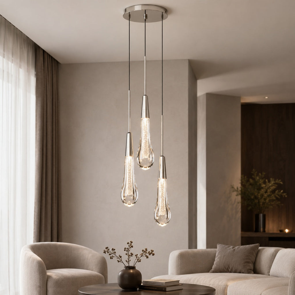 Suspension moderne à 3 lumières, verre martelé en acier réglable, luminaire LED pour îlot de cuisine | ribuella