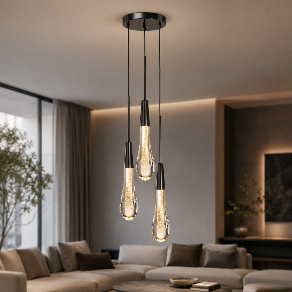 Suspension moderne à 3 lumières, verre martelé en acier réglable, luminaire LED pour îlot de cuisine | ribuella