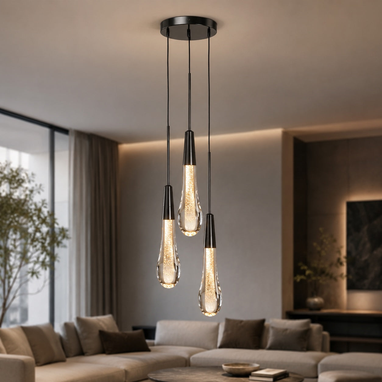 Suspension moderne à 3 lumières, verre martelé en acier réglable, luminaire LED pour îlot de cuisine | ribuella
