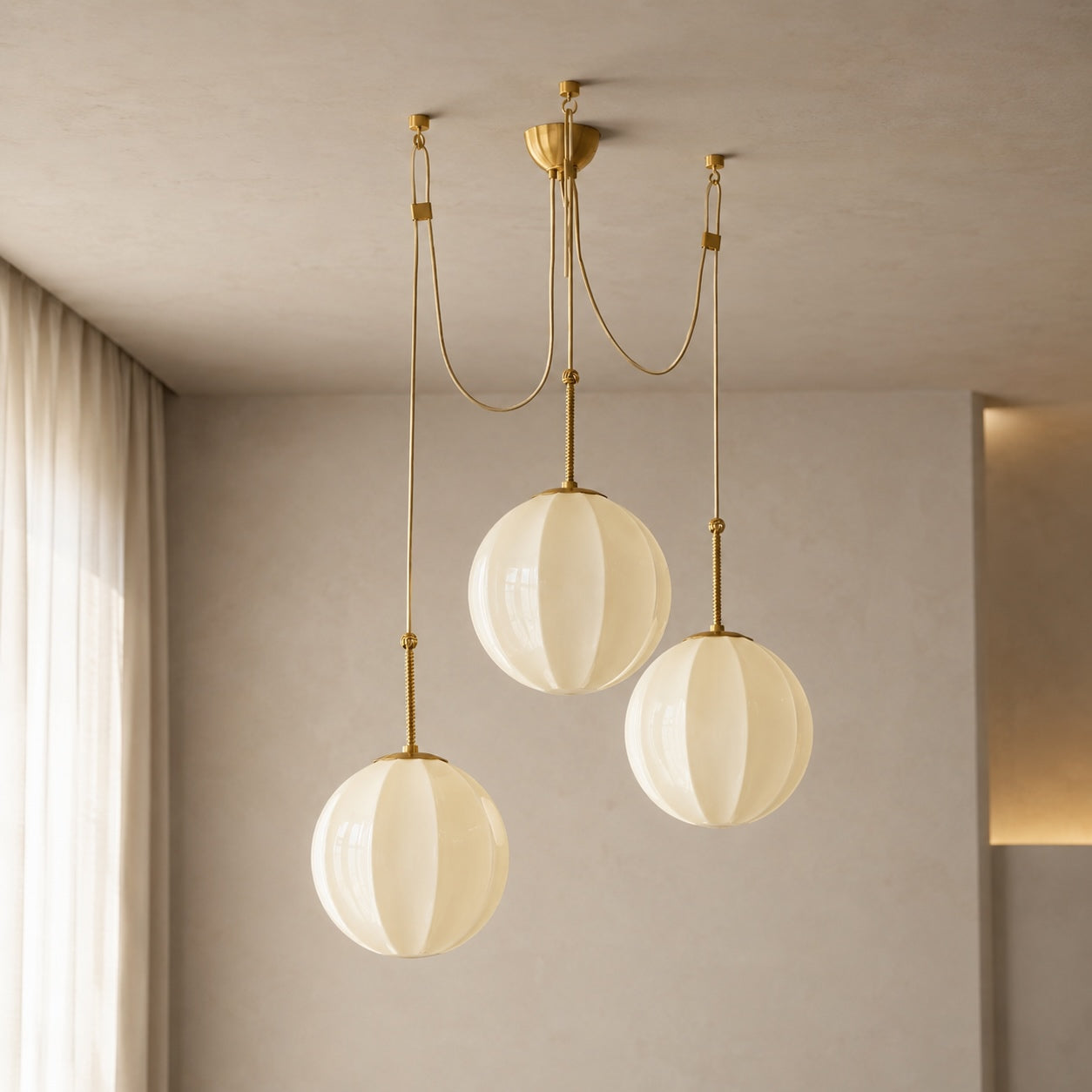 Modern Chandelier Hanging Antique Brass with Cream Glass Shades Adjustable Dimmable Three Socket Design | ribuella