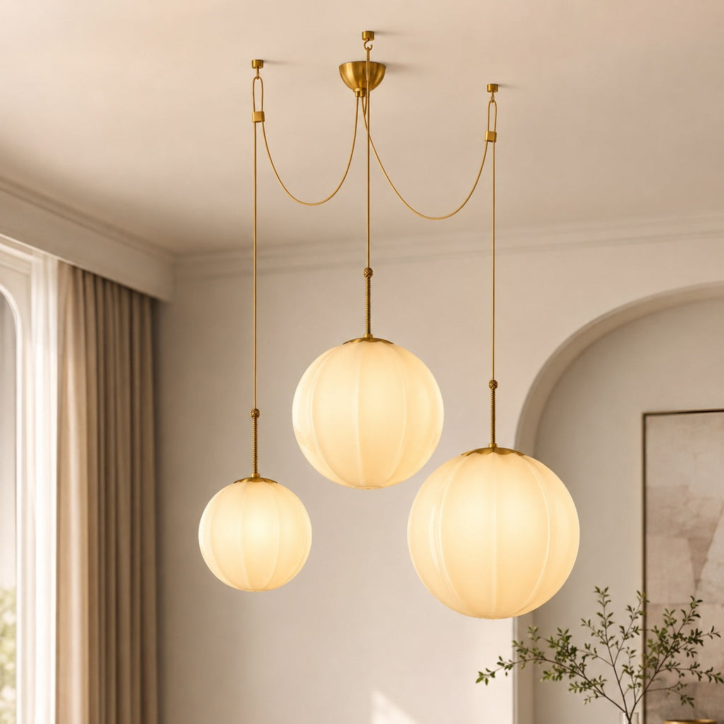 Modern Chandelier Hanging Antique Brass with Cream Glass Shades Adjustable Dimmable Three Socket Design | ribuella