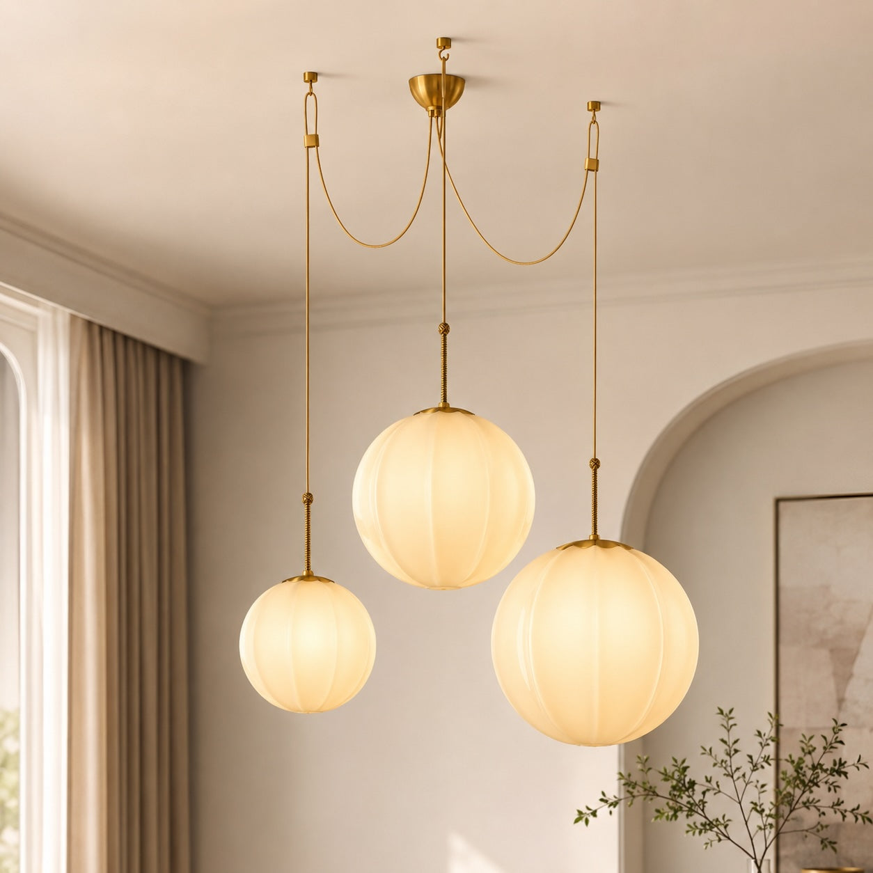 Modern Chandelier Hanging Antique Brass with Cream Glass Shades Adjustable Dimmable Three Socket Design | ribuella
