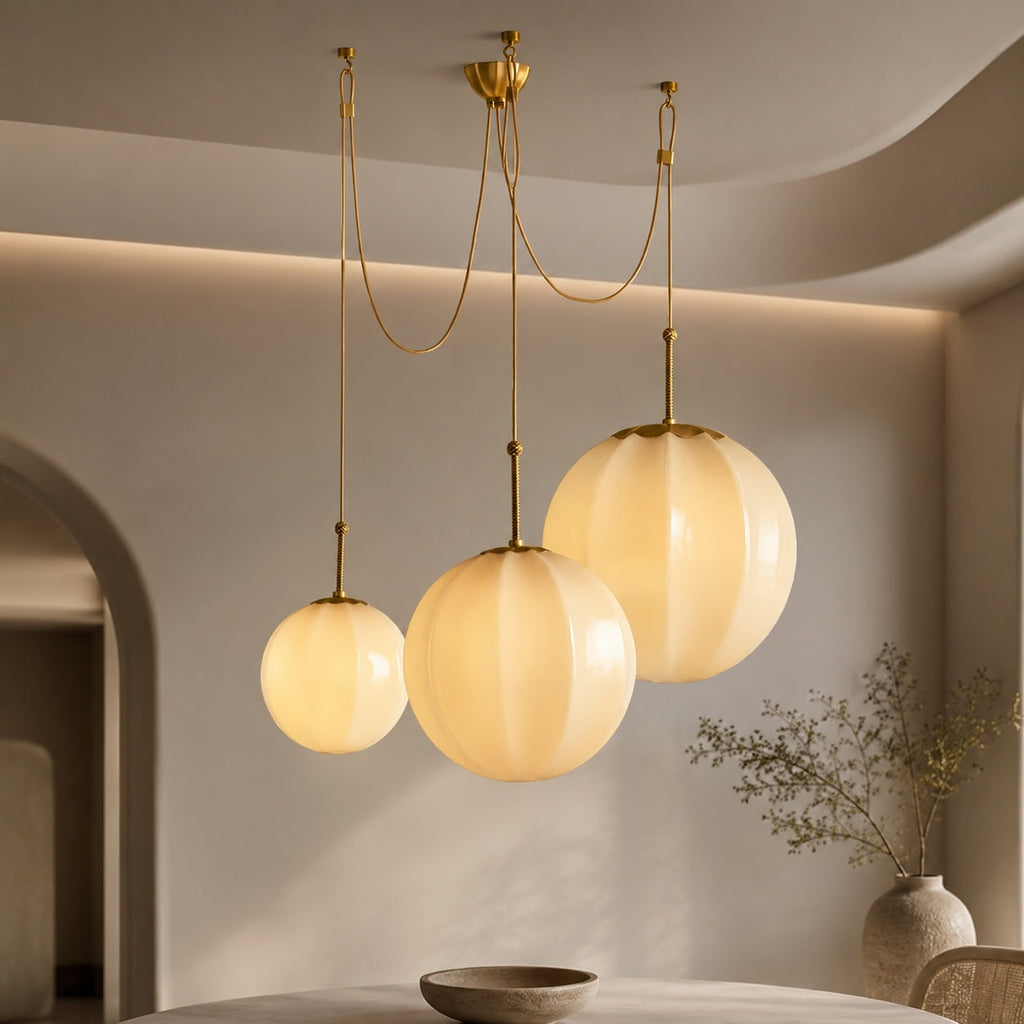 Modern Chandelier Hanging Antique Brass with Cream Glass Shades Adjustable Dimmable Three Socket Design | ribuella