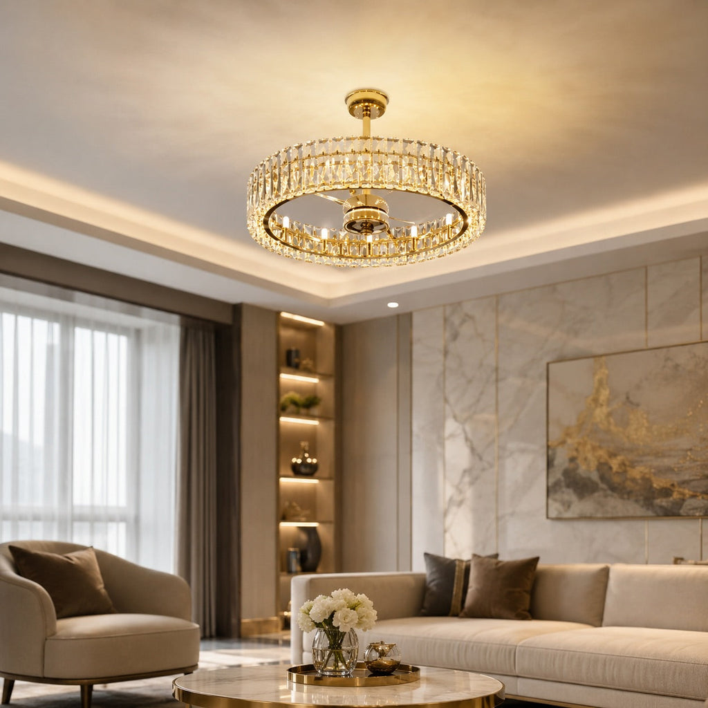 Moderner Deckenventilator mit Beleuchtung, Kristallschirm, zur Aufbaumontage, Metall, dimmbar, E12-Lampen, einstellbare Geschwindigkeit | ribuella