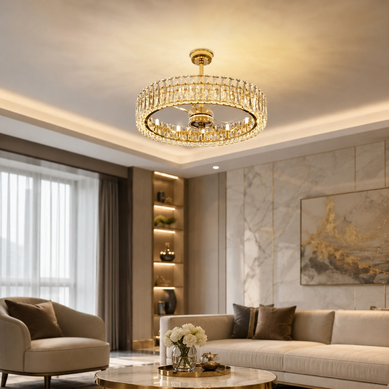 Moderner Deckenventilator mit Beleuchtung, Kristallschirm, zur Aufbaumontage, Metall, dimmbar, E12-Lampen, einstellbare Geschwindigkeit | ribuella