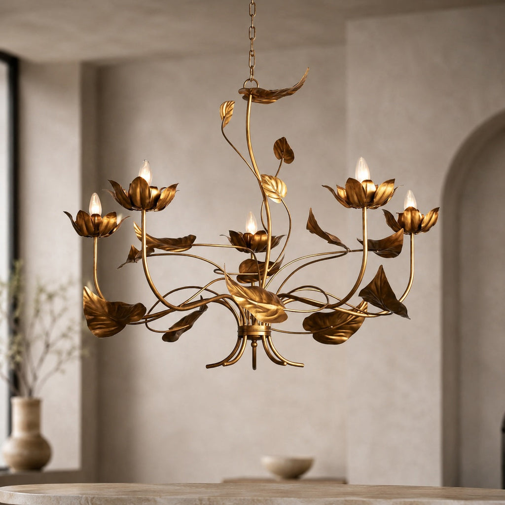 Modern Chandelier Light Adjustable Hanging Iron Fixture with Antiqued Gold Finish and LED Bulbs | ribuella