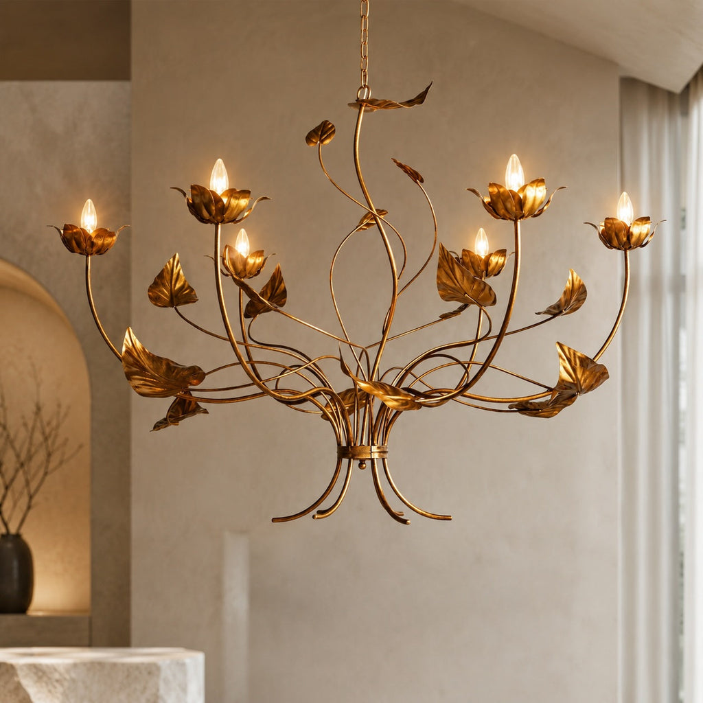 Modern Chandelier Light Adjustable Hanging Iron Fixture with Antiqued Gold Finish and LED Bulbs | ribuella