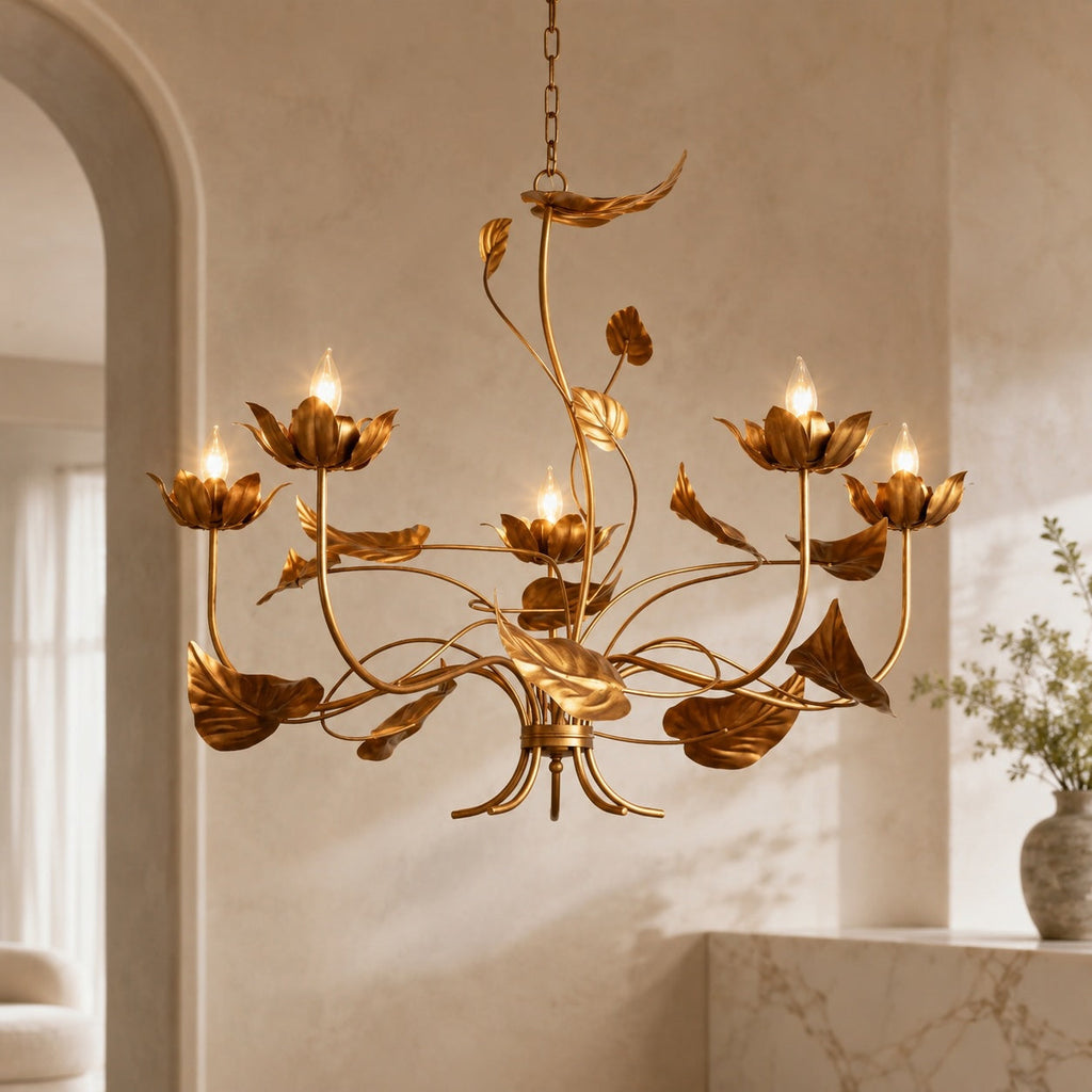 Modern Chandelier Light Adjustable Hanging Iron Fixture with Antiqued Gold Finish and LED Bulbs | ribuella