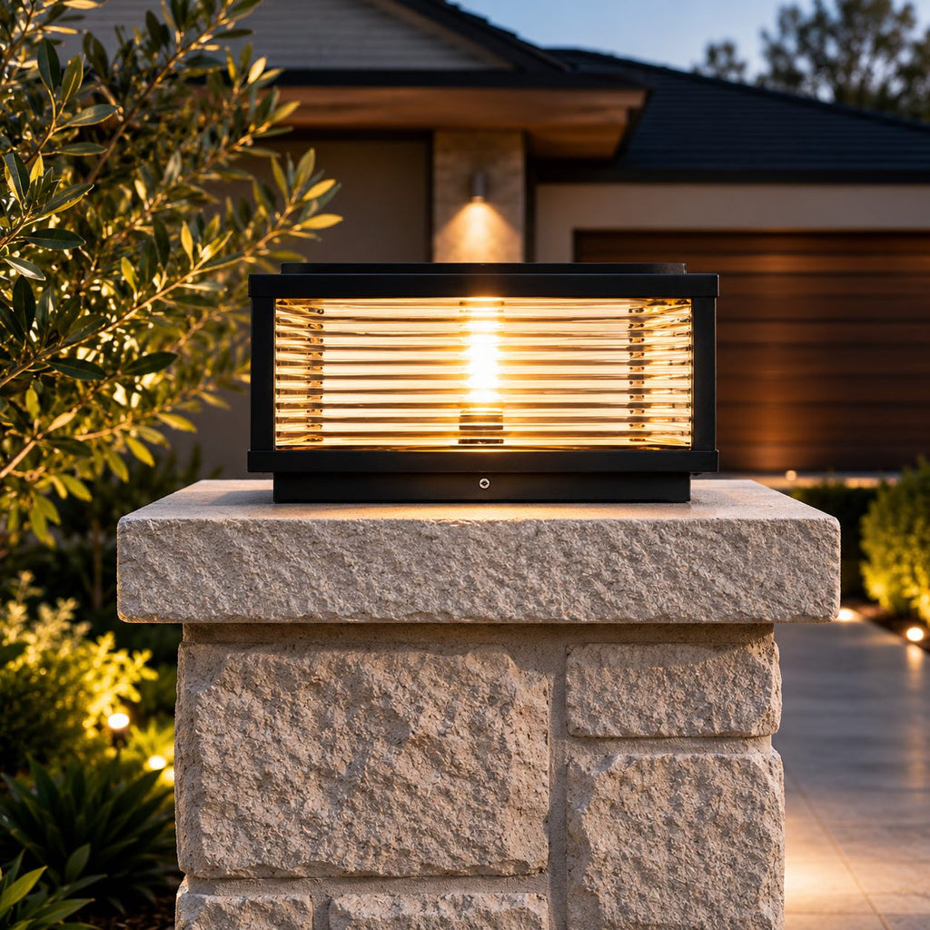 Modern Outdoor Pillar Light Solar Powered Adjustable Die-Cast Aluminum Ribbed Glass LED | ribuella