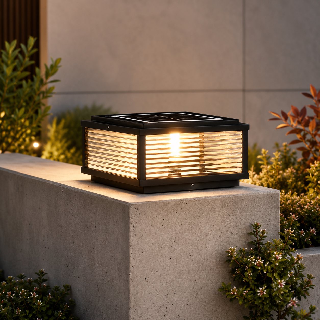 Modern Outdoor Pillar Light Solar Powered Adjustable Die-Cast Aluminum Ribbed Glass LED | ribuella