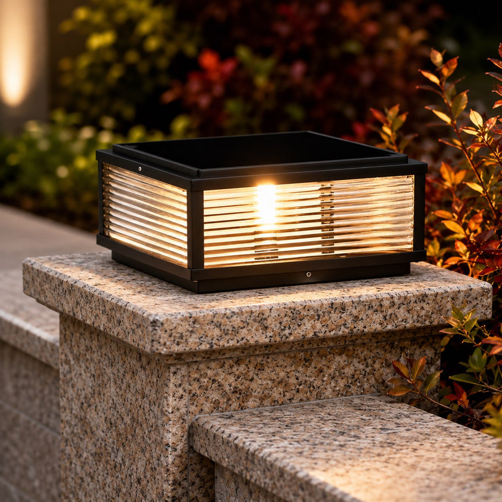 Modern Outdoor Pillar Light Solar Powered Adjustable Die-Cast Aluminum Ribbed Glass LED | ribuella