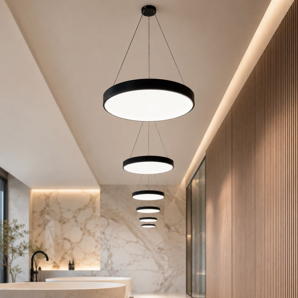 Moderne runde Pendelleuchte, verstellbare hängende Metall-Acryl-LED-Leuchte mit Dimmfunktion | ribuella