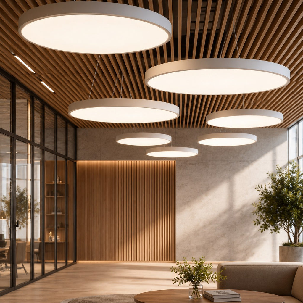 Moderne runde Pendelleuchte, verstellbare hängende Metall-Acryl-LED-Leuchte mit Dimmfunktion | ribuella