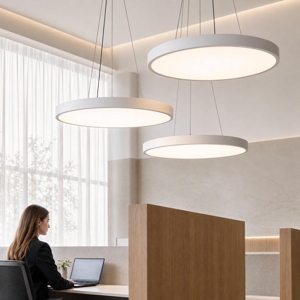 Moderne runde Pendelleuchte, verstellbare hängende Metall-Acryl-LED-Leuchte mit Dimmfunktion | ribuella