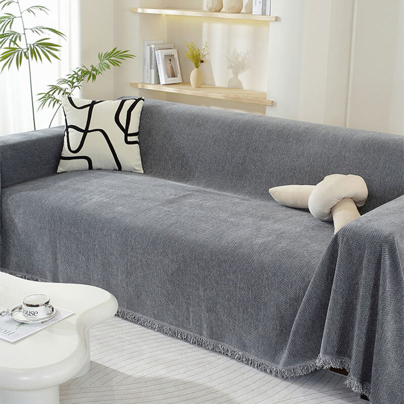 Herringbone Weave Sofa Cover Tassel Fringe Protective Furniture Cover