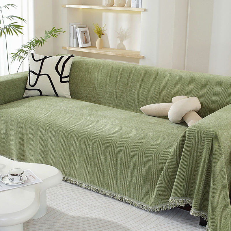 Herringbone Weave Sofa Cover Tassel Fringe Protective Furniture Cover