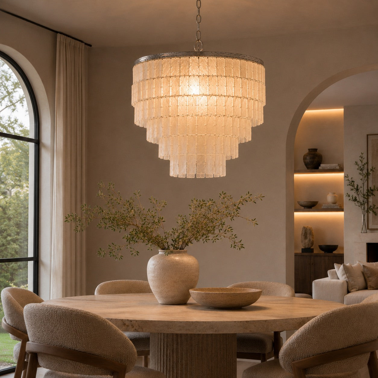 Coastal Style Chandelier Light Pendant with Adjustable Metal Frame and Natural Shell Panels for Soft Illumination | ribuella