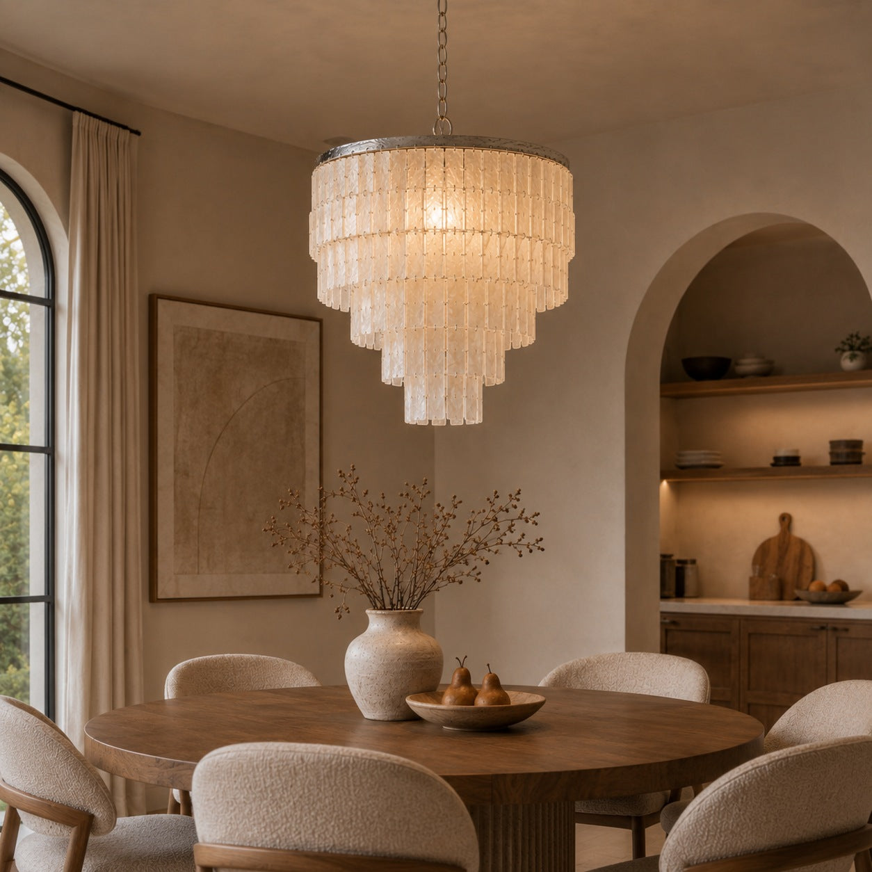 Coastal Style Chandelier Light Pendant with Adjustable Metal Frame and Natural Shell Panels for Soft Illumination | ribuella