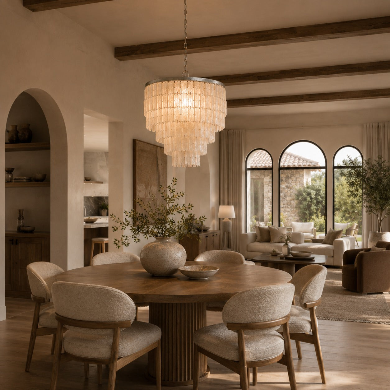Coastal Style Chandelier Light Pendant with Adjustable Metal Frame and Natural Shell Panels for Soft Illumination | ribuella