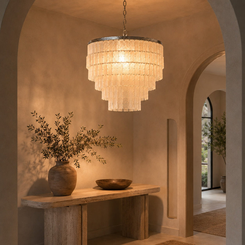Coastal Style Chandelier Light Pendant with Adjustable Metal Frame and Natural Shell Panels for Soft Illumination | ribuella