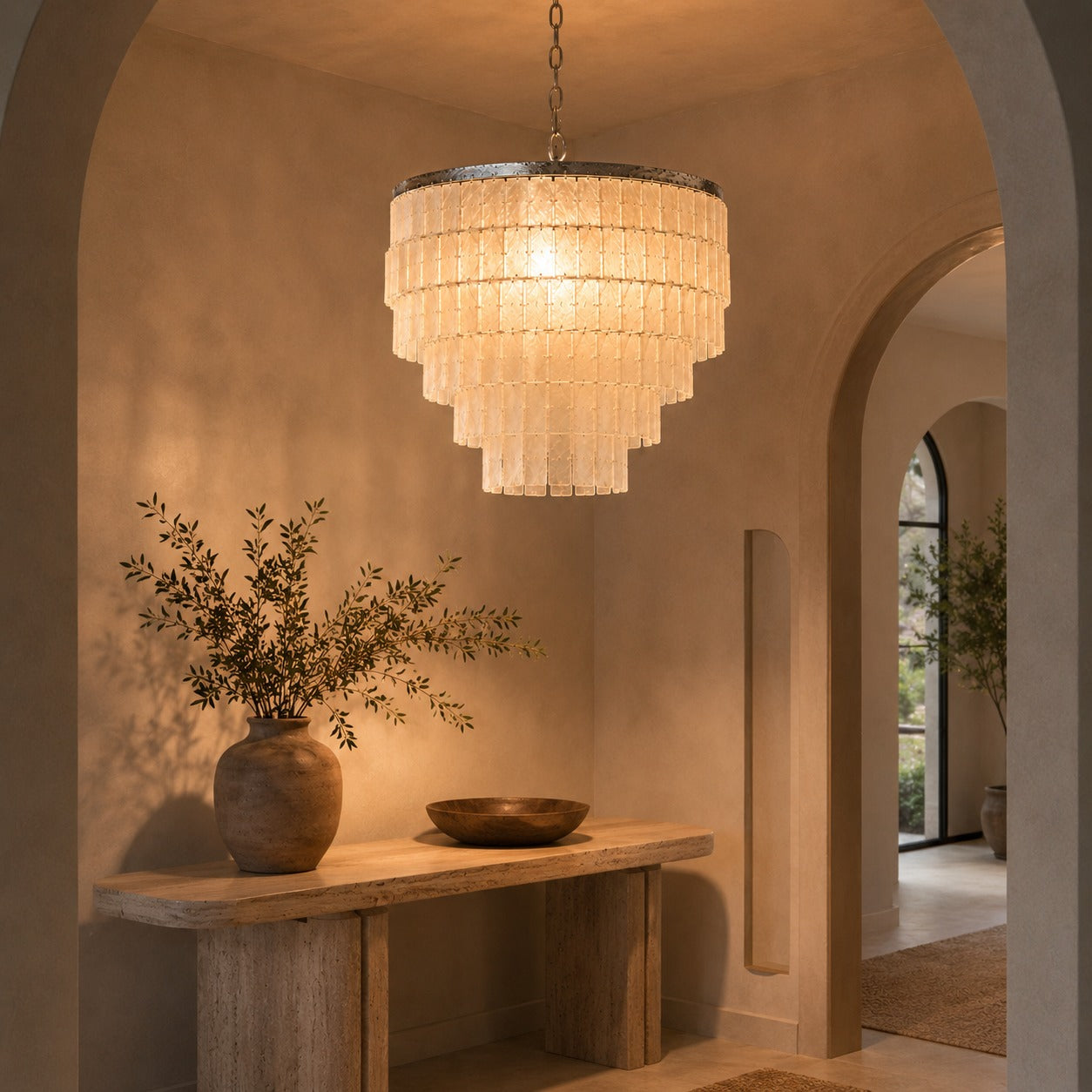 Coastal Style Chandelier Light Pendant with Adjustable Metal Frame and Natural Shell Panels for Soft Illumination | ribuella