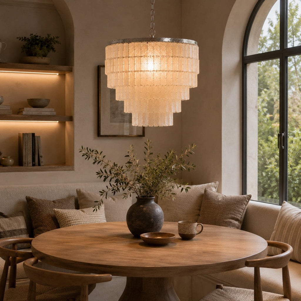 Coastal Style Chandelier Light Pendant with Adjustable Metal Frame and Natural Shell Panels for Soft Illumination | ribuella