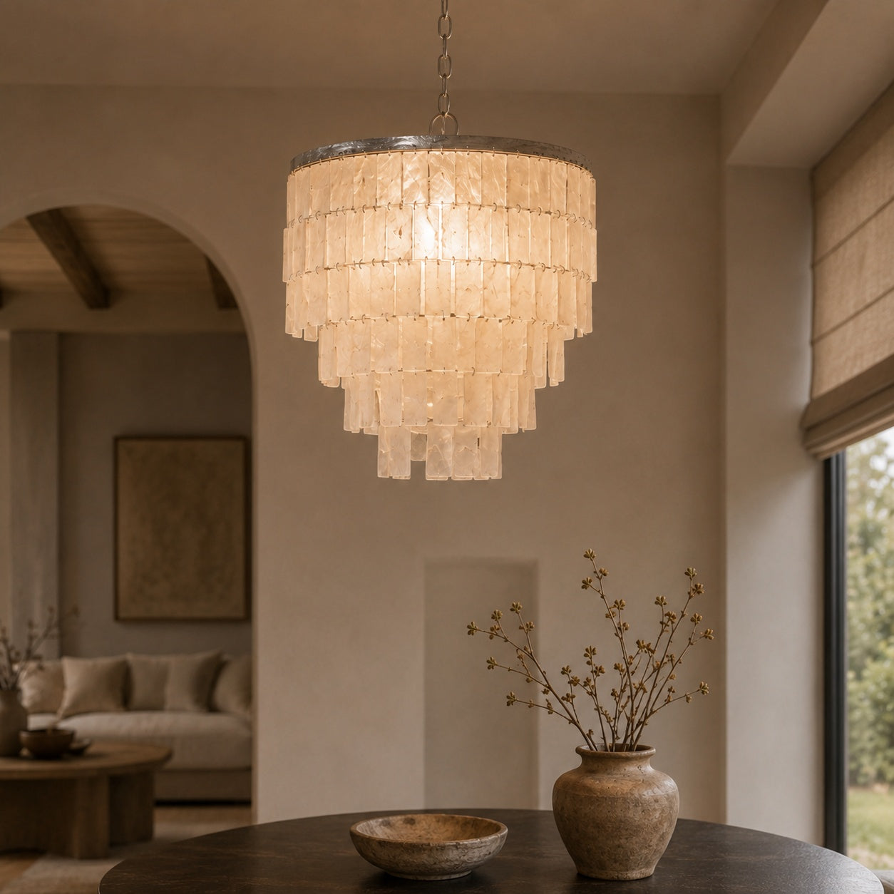 Coastal Style Chandelier Light Pendant with Adjustable Metal Frame and Natural Shell Panels for Soft Illumination | ribuella