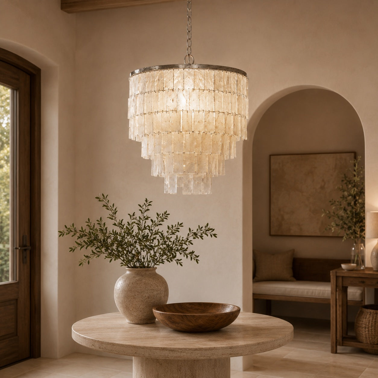 Coastal Style Chandelier Light Pendant with Adjustable Metal Frame and Natural Shell Panels for Soft Illumination | ribuella