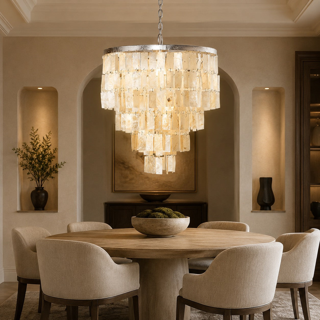 Coastal Style Chandelier Light Pendant with Adjustable Metal Frame and Natural Shell Panels for Soft Illumination | ribuella
