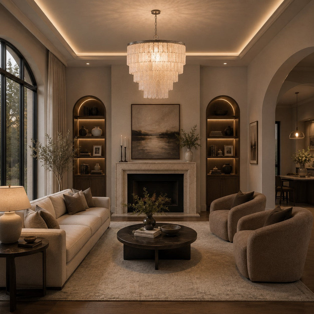 Coastal Style Chandelier Light Pendant with Adjustable Metal Frame and Natural Shell Panels for Soft Illumination | ribuella
