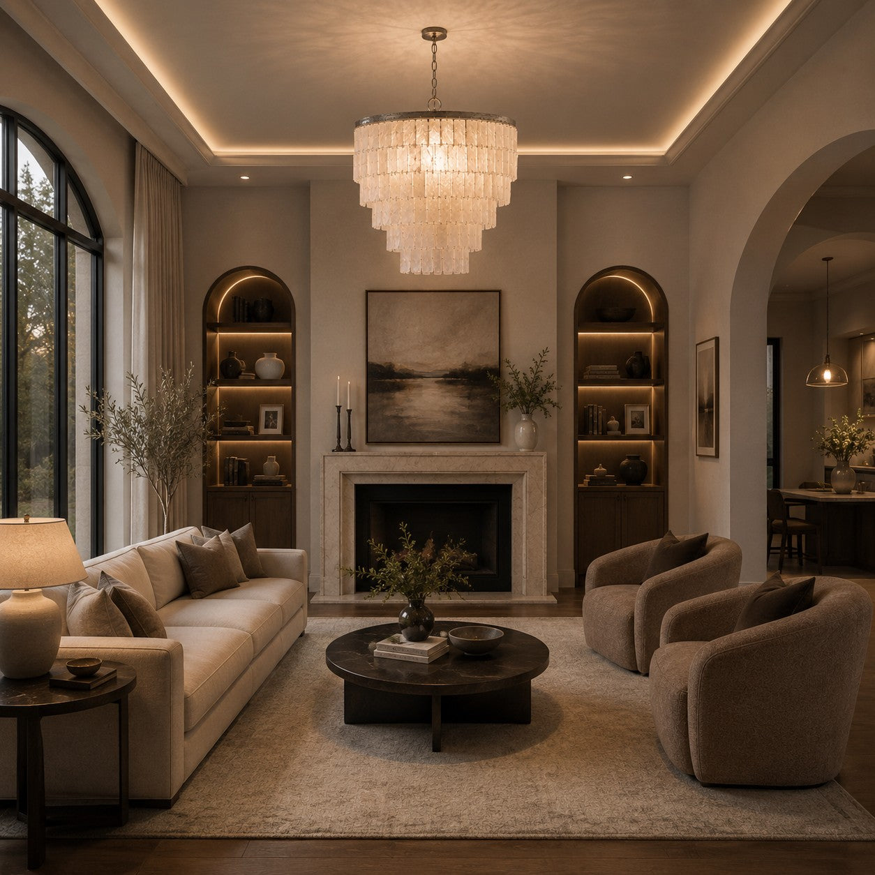 Coastal Style Chandelier Light Pendant with Adjustable Metal Frame and Natural Shell Panels for Soft Illumination | ribuella