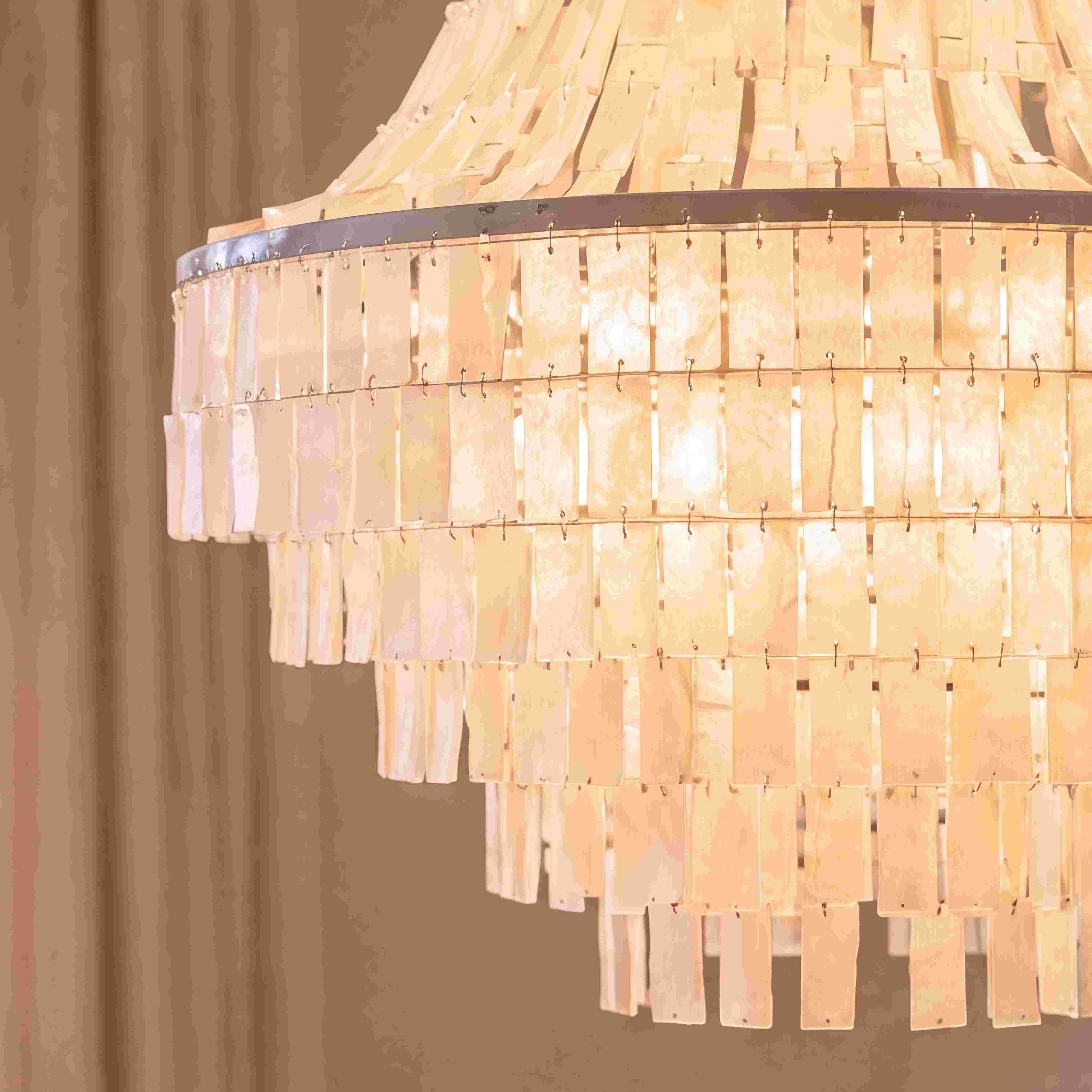 Coastal Tiered Chandelier Light Adjustable Metal Frame Natural Shell 8 Bulb Warm White | ribuella