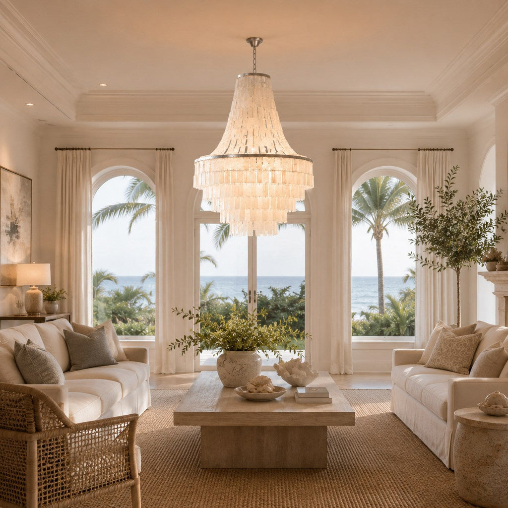 Coastal Tiered Chandelier Light Adjustable Metal Frame Natural Shell 8 Bulb Warm White | ribuella