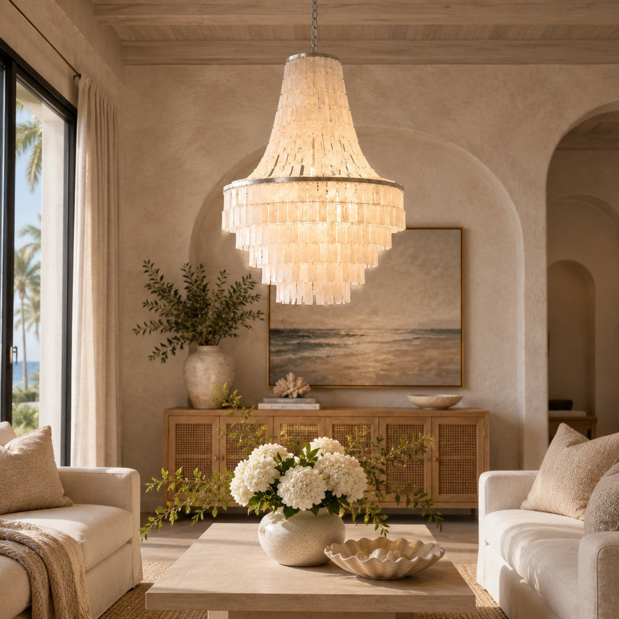 Coastal Tiered Chandelier Light Adjustable Metal Frame Natural Shell 8 Bulb Warm White | ribuella