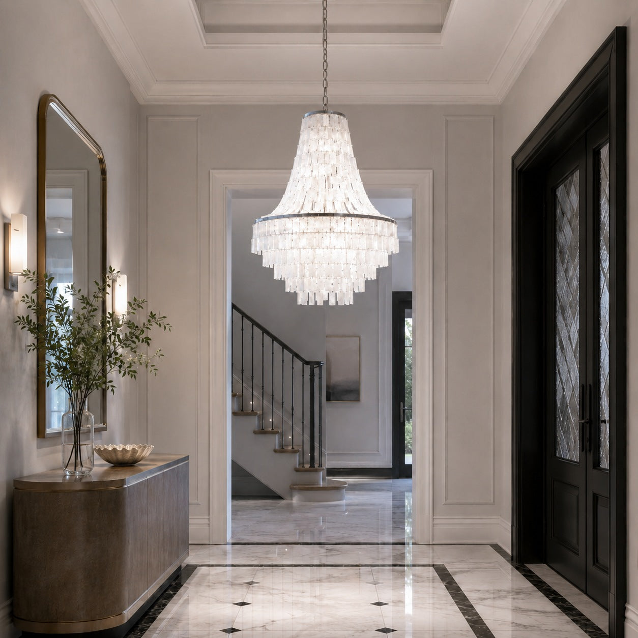 Coastal Tiered Chandelier Light Adjustable Metal Frame Natural Shell 8 Bulb Warm White | ribuella