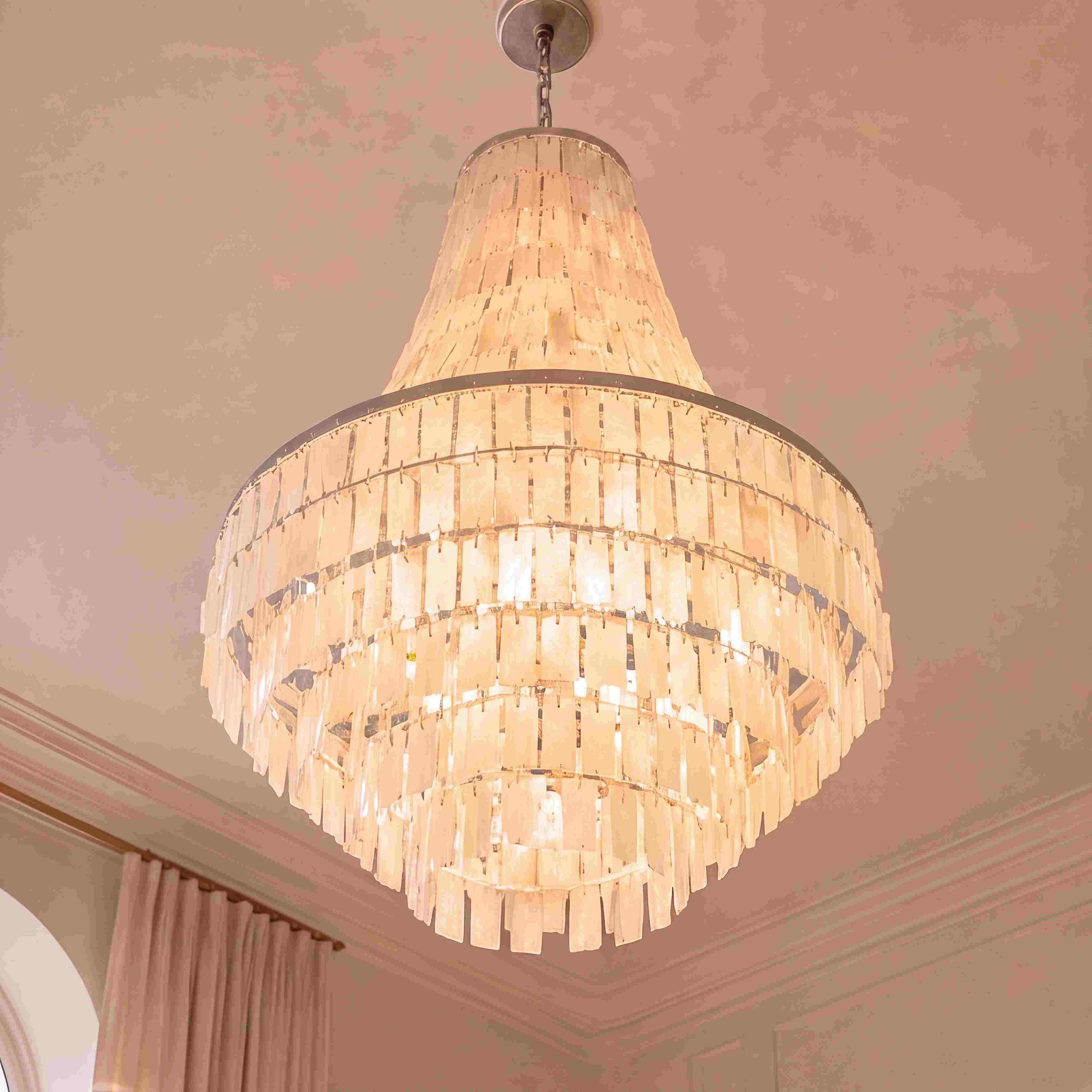 Coastal Tiered Chandelier Light Adjustable Metal Frame Natural Shell 8 Bulb Warm White | ribuella