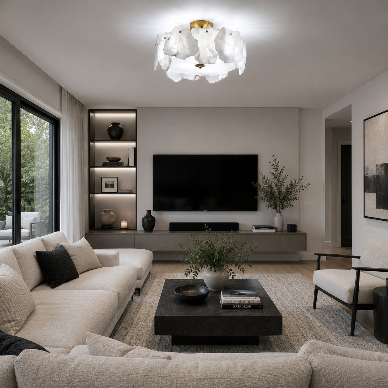 Contemporary Flush Mount Ceiling Light Copper Base Alabaster Panels Soft Diffused Lighting | ribuella