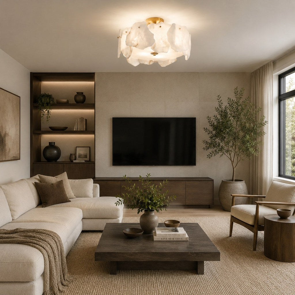 Contemporary Flush Mount Ceiling Light Copper Base Alabaster Panels Soft Diffused Lighting | ribuella