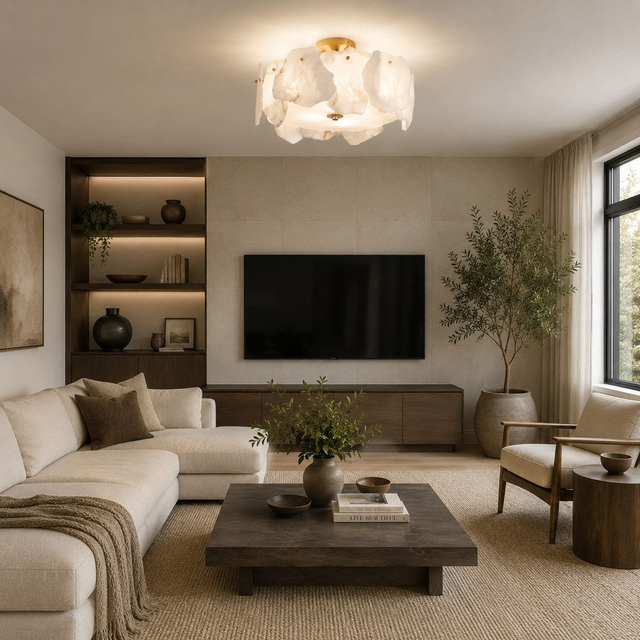 Contemporary Flush Mount Ceiling Light Copper Base Alabaster Panels Soft Diffused Lighting | ribuella