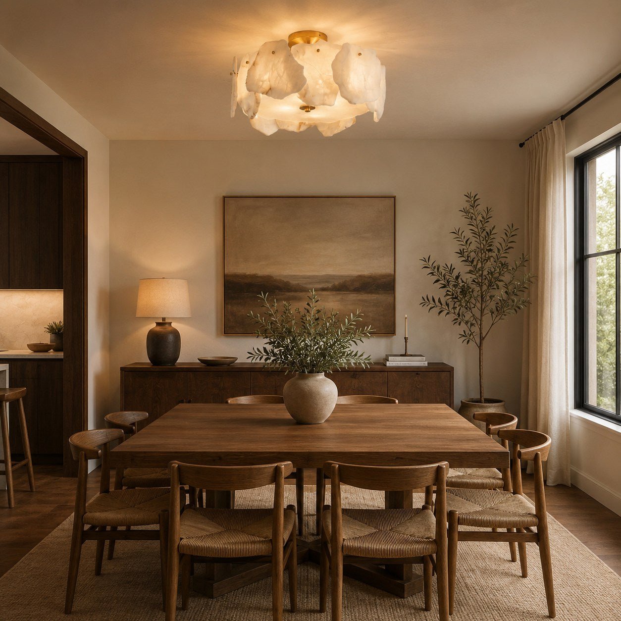 Contemporary Flush Mount Ceiling Light Copper Base Alabaster Panels Soft Diffused Lighting | ribuella
