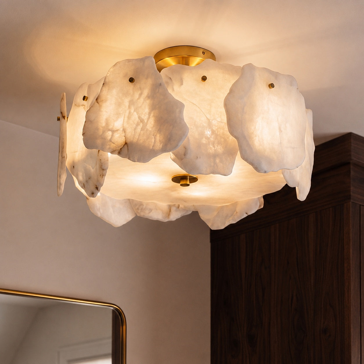Contemporary Flush Mount Ceiling Light Copper Base Alabaster Panels Soft Diffused Lighting | ribuella